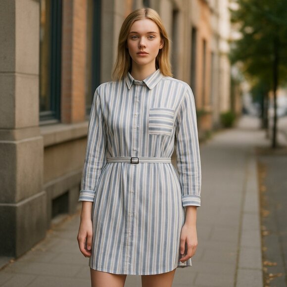 NWT CALVIN KLEIN Striped  Belted Shirt Dress - Picture 1 of 5